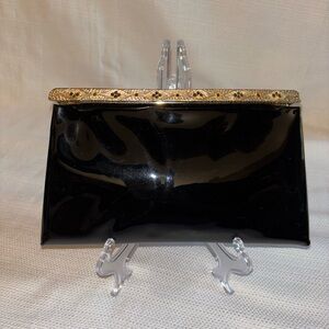 Vintage Black Patent Leather Clutch Embellished Gold Bar Slide Closure Retro